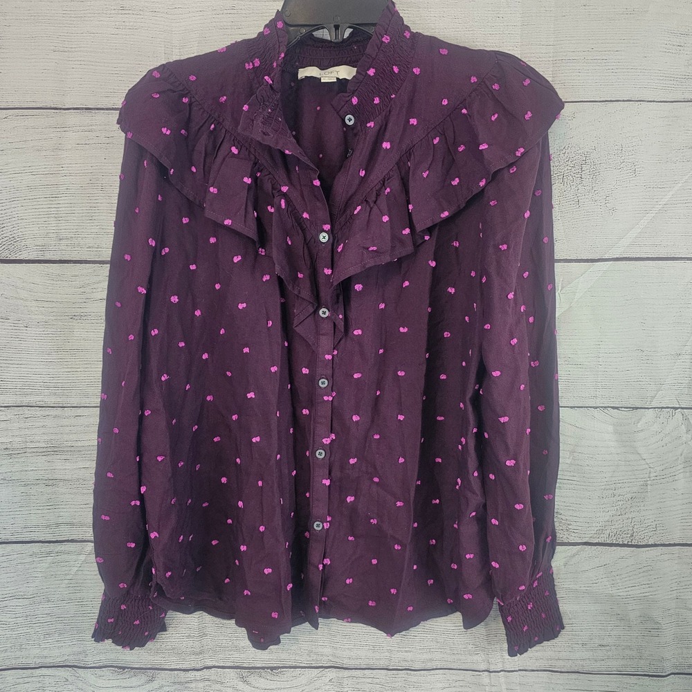 LOFT M Med Swiss Dot Ruffle Smocked Neck Button Down Shirt Burgundy & Pink L736